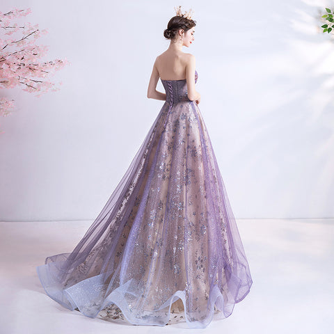 Strapless Purple Sequin Starry Dress Wedding Dress - Fashionner