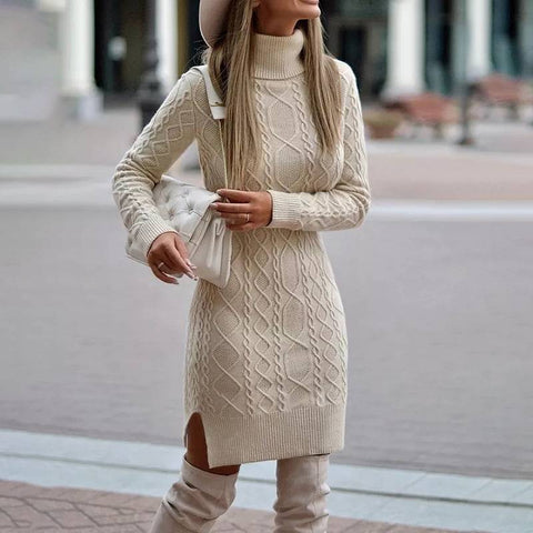 Robe pull à col roulé tricotée tendance avec fente, pull long uni chaud d'hiver pour femme