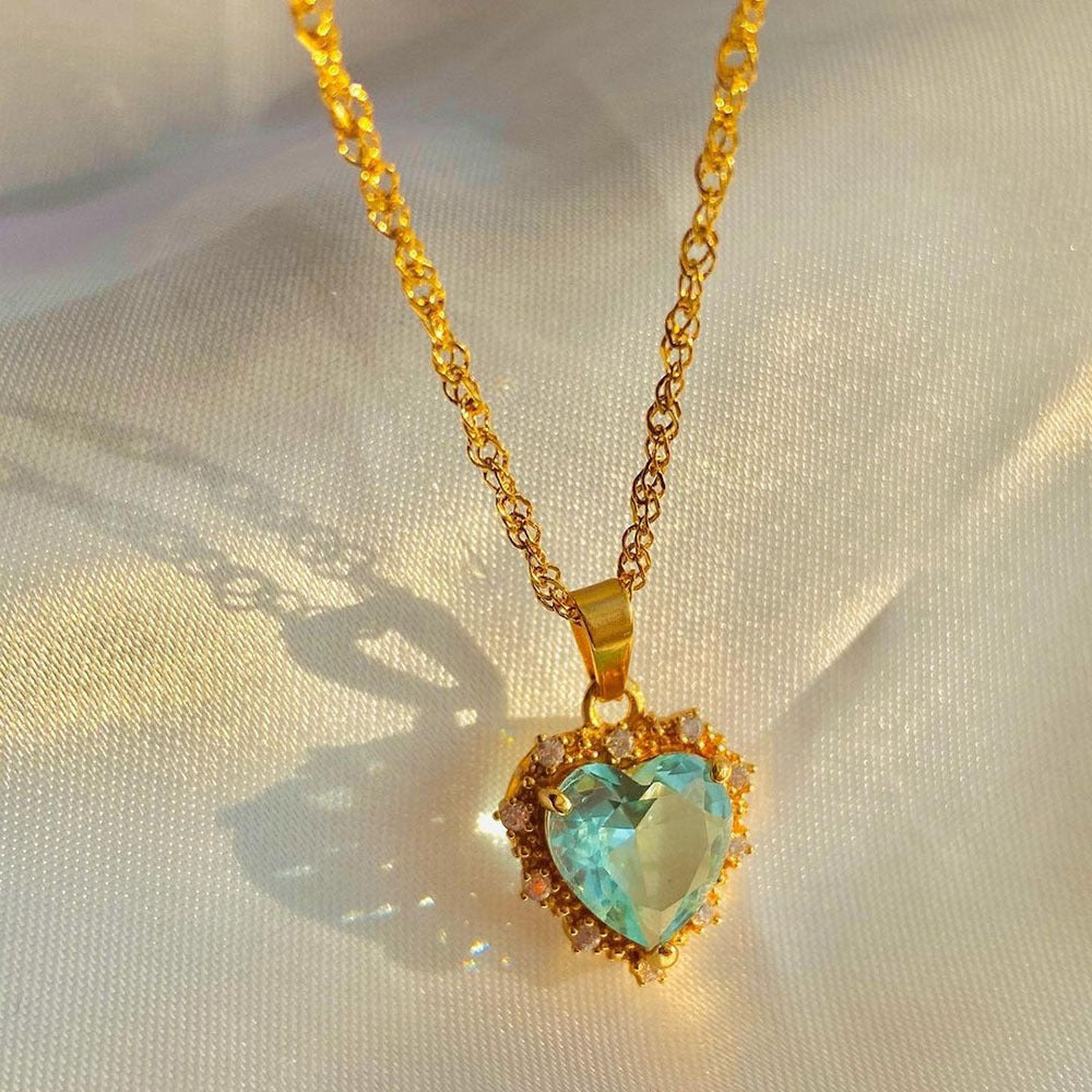 Colorful Rhinestones Heart-shped Necklace Love Gold Clavicle Chain Ins Personalized Jewelry For Women Valentine's Day - Fashionner
