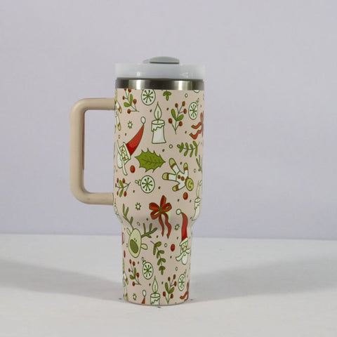 New Christmas Pattern Mug With Handle Lid Straw Drinkware Stainless Steel Vacuum Tumbler Large Capacity Car Travel Coffee Cup