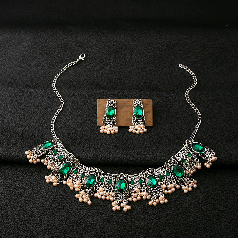 Buy Vintage Emerald Earrings Ethnic Style Square Tassel Bead Pendant Jewelry Suit online at Fashionner.