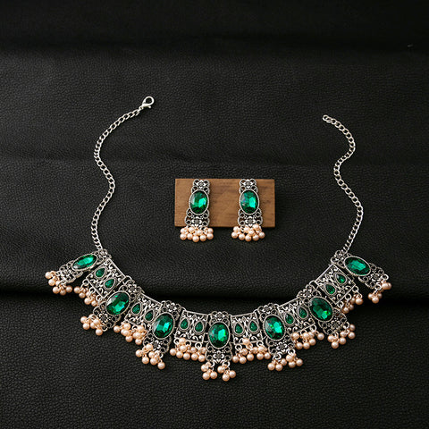 Buy Vintage Emerald Earrings Ethnic Style Square Tassel Bead Pendant Jewelry Suit online at Fashionner.