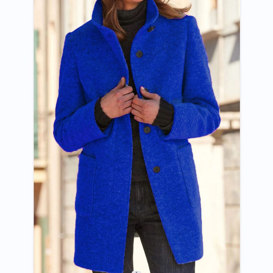 Buy Fashion Stand Collar Woolen Coat With Pockets Fall Winter Casual Button Outwear For Women Clothing online at Fashionner.
