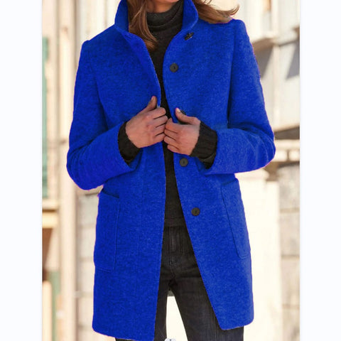 Buy Fashion Stand Collar Woolen Coat With Pockets Fall Winter Casual Button Outwear For Women Clothing online at Fashionner.