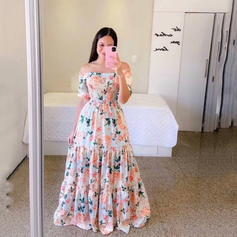 Robe longue florale élégante sans épaules pour femme