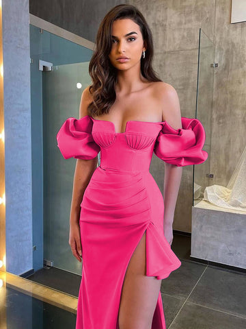 Women's Solid Color Lantern Sleeve Bandage Dress - Fashionner