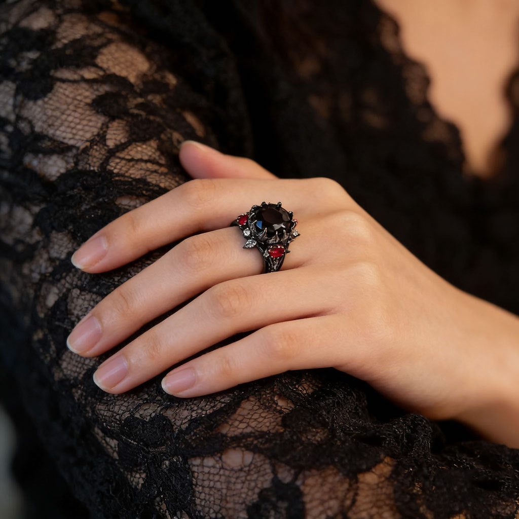 Buy Ruby-Red Vintage Floral And Leaf Ring Dark-Themed Style online at Fashionner.