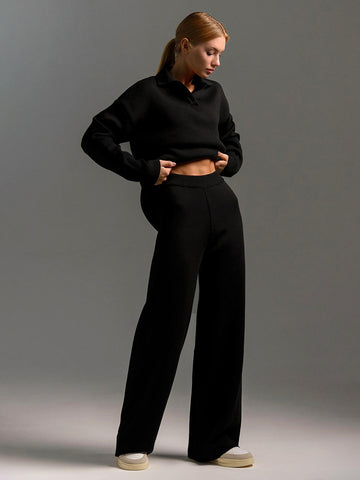 Ensemble deux pièces automne hiver pour femme, simple, ample, de couleur unie, ensemble pull col montant, mode décontractée, ensemble de sport.