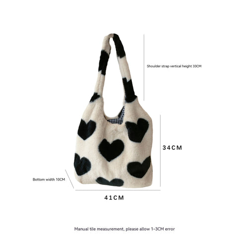 Sac à bandoulière large en peluche motif cœur pour femme