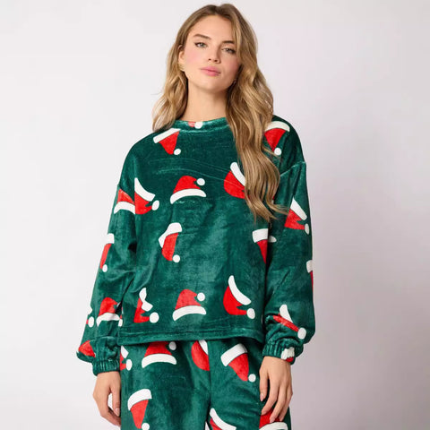 Ensembles de pyjama décontractés en flanelle 2024 pour femmes, 2 pièces, ensemble mignon de chemises de salon assorties à manches longues, pyjama Père Noël, vêtements d'intérieur