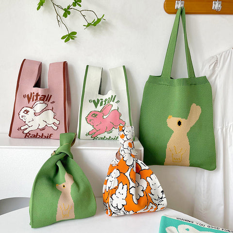 Rabbit Knitted Shoulder Bag Large Capacity Tote - Fashionner