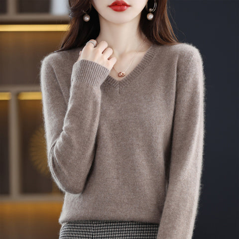 Women's V-neck Loose Pullover Long Sleeve Sweater - Fashionner