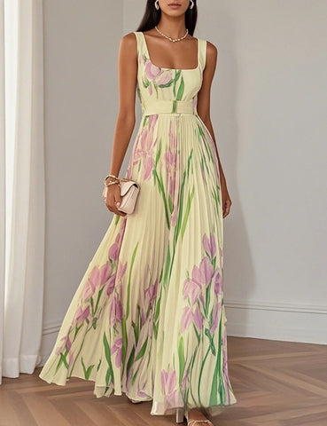 Floral Print Pleated Dress Summer A-Line Sleeveless Midi Dresses Women'S Clothing