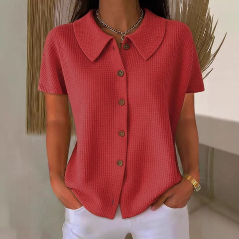 Chemise décontractée ample à manches courtes en tissu gaufré uni avec col rabattu – Haut d'été léger en mélange de coton pour femmes, idéal pour un usage quotidien
