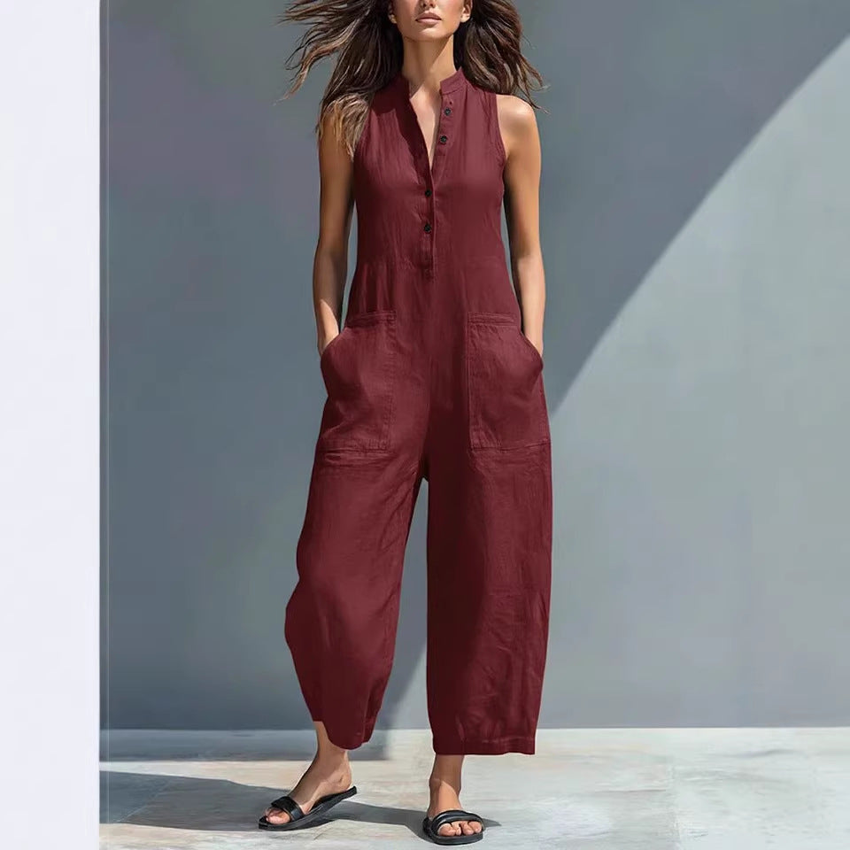 Buy Summer Sleeveless Jumpsuit With Pockets Fashion Casual V-Neck Buttons Trousers Women'S Overall Pants online at Fashionner.