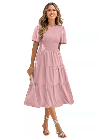Robe décontractée à col rond pour femme, manches courtes smockées, coupe trapèze, ourlet volanté, mini-robe de plage d'été.