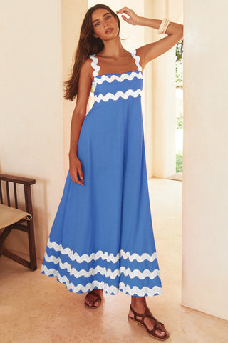 Flowers Print Wavy Pattern Suspender Long Dress For Women Fashion A-Line Beach Dresses Womens Clothing - Fashionner