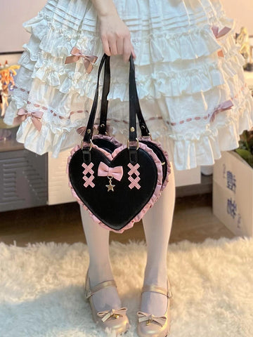 Sac à bandoulière portable en dentelle avec nœud de cœur croisé et jolie forme de cœur