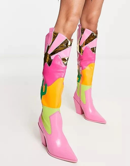 Ins Fashion Runway Chunky Heel Multi-color Mosaic Boots - Fashionner