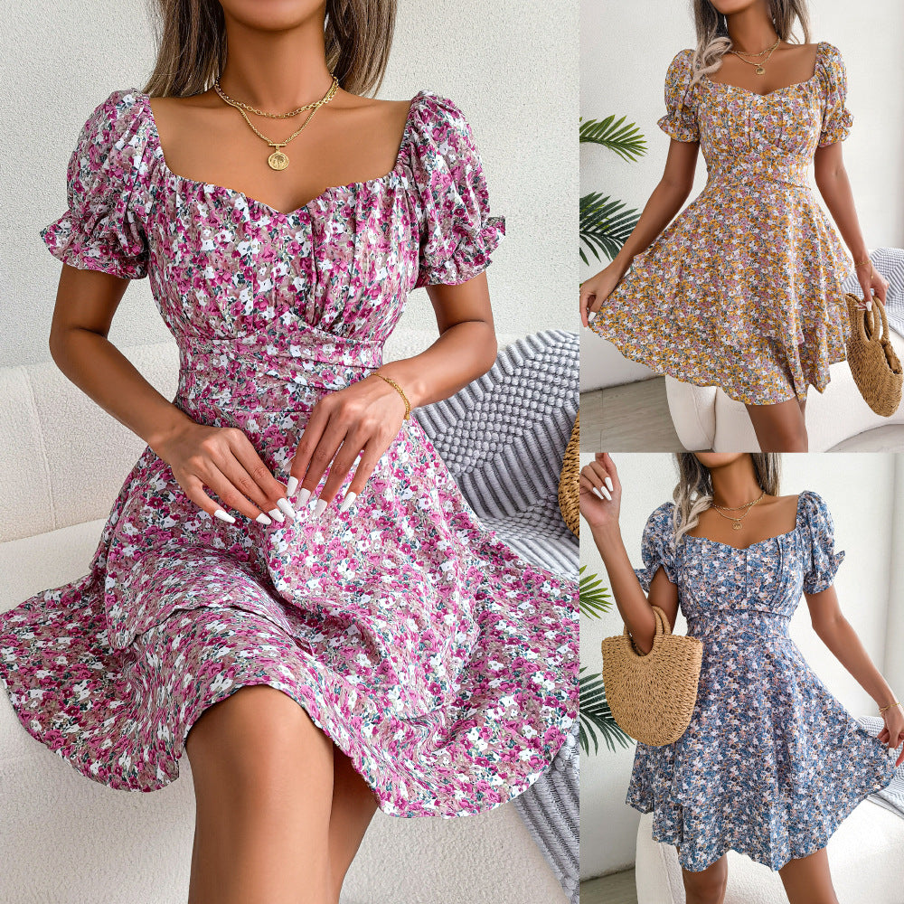 Buy Women Mini Dress Temperament Big Swing Loose Hem Flower Print Shirring Dress Up Short Sleeves High Waist Summer Dress Clothes online at Fashionner.