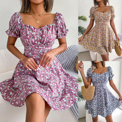 Buy Women Mini Dress Temperament Big Swing Loose Hem Flower Print Shirring Dress Up Short Sleeves High Waist Summer Dress Clothes online at Fashionner.