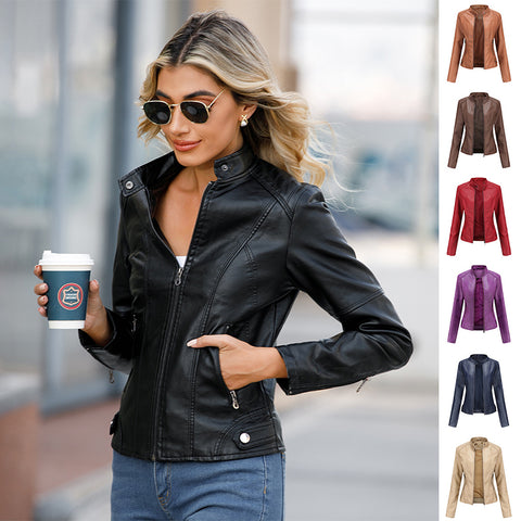 Vestes en cuir zippées pour femmes Mode couleur unie Poches Col montant Vêtements d'extérieur