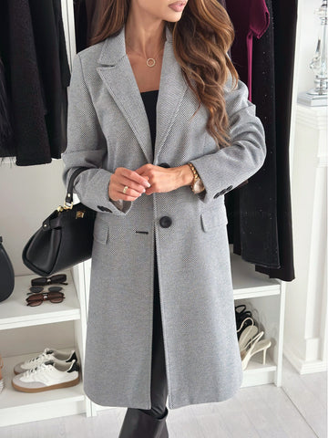 Manteau en laine à revers, simple boutonnage, manches longues, couleur unie, veste longue pour femme