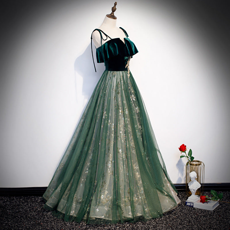 Banquet Sling Temperament Long Dress Dark Green Fantasy Mori - Fashionner