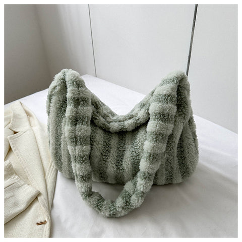Large-capacity Striped Plush Bag Winter New Fashion Portable Tote Shoulder Bags Shopping Furry Handbags For Women - Fashionner