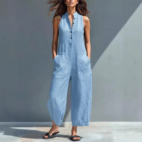 Buy Summer Sleeveless Jumpsuit With Pockets Fashion Casual V-Neck Buttons Trousers Women'S Overall Pants online at Fashionner.