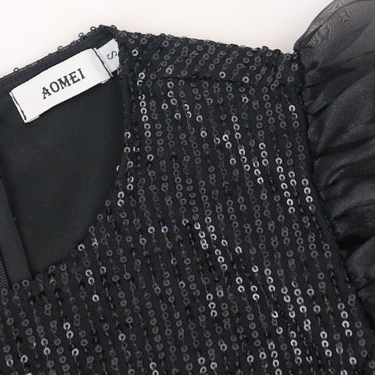 Lantern Sleeves Stretch Sequin Party Mid-length Dresses For Women - Fashionner