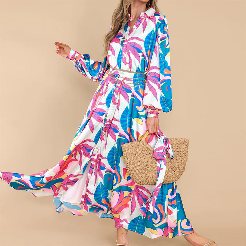New Printed Dresses Long-sleeved Polo Collar Oversized Hem Dresses Women - Fashionner