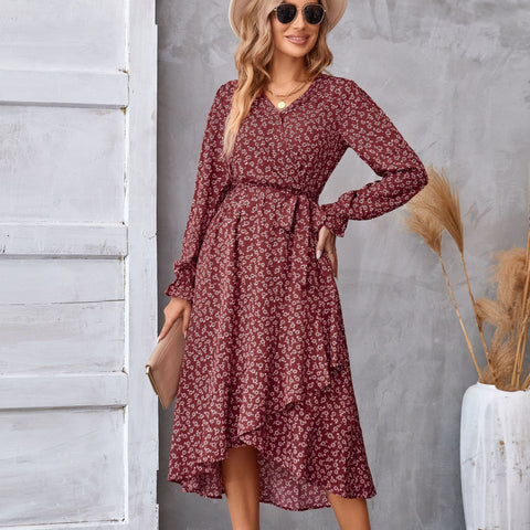 Robe à manches longues à imprimé floral, style pendulaire à volants, tempérament élégant, vêtements pour femmes