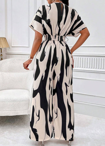V-neck Loose Printed Long Jumpsuit - Fashionner
