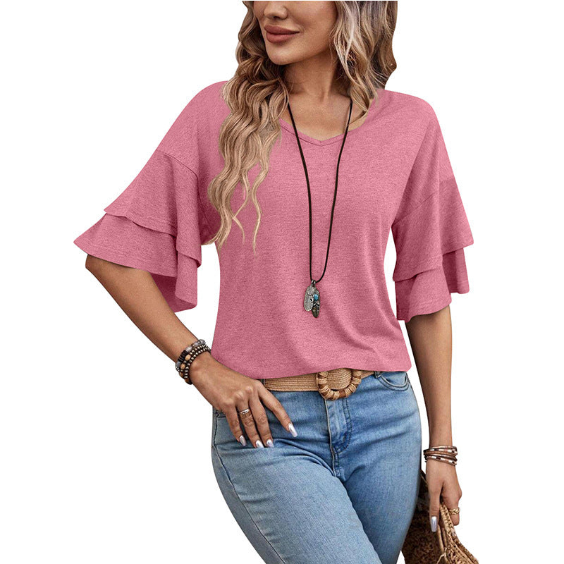 Loose V-neck Ruffle Sleeve T-shirt Fashion Solid Mid-sleeve Tops Women's Clothing