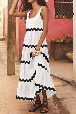 U-neck Wavy Print Long Dress Sleeveless Solid Color A-line Dress Summer Womens Clothing - Fashionner