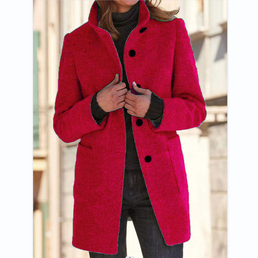 Buy Fashion Stand Collar Woolen Coat With Pockets Fall Winter Casual Button Outwear For Women Clothing online at Fashionner.