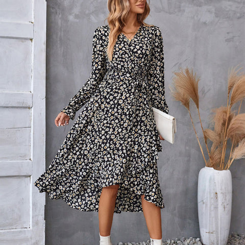 Robe à manches longues à imprimé floral, style pendulaire à volants, tempérament élégant, vêtements pour femmes