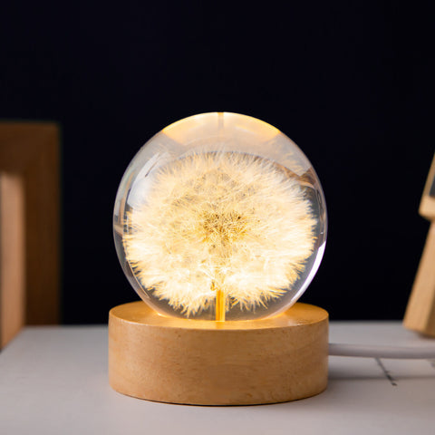 Veilleuse LED Fleur Boule de Cristal Lampe de Nuit pour Enfants avec Base en Bois Lumière Ambiante de Chambre Cadeau Créatif Veilleuse
