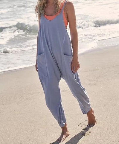Summer Women's Loose Sleeveless Jumpsuits Spaghetti Strap Long Pant Romper Jumpsuit With Pockets Zipper - Fashionner