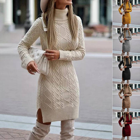 Robe pull à col roulé tricotée tendance avec fente, pull long uni chaud d'hiver pour femme
