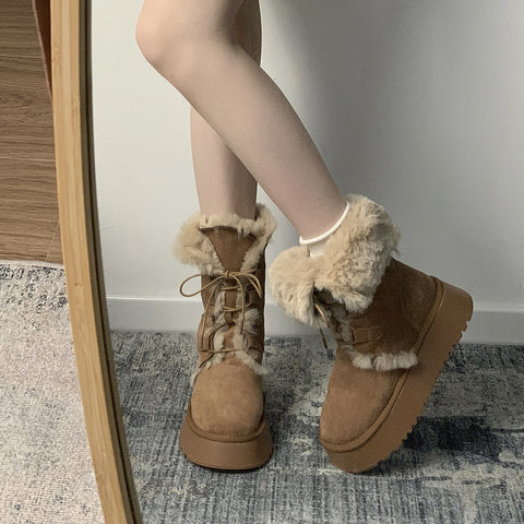 Women's Fashion Brown Warm Slugged Bottom Snow Boots - Fashionner