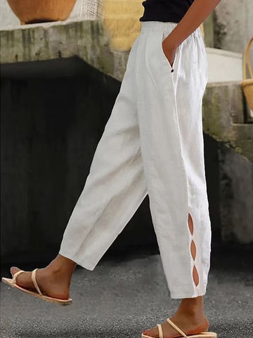 Hollow-Out Ankle Detail Trousers - Button-Adorned Bottom Hem Pants For Women Summer Daily Wear