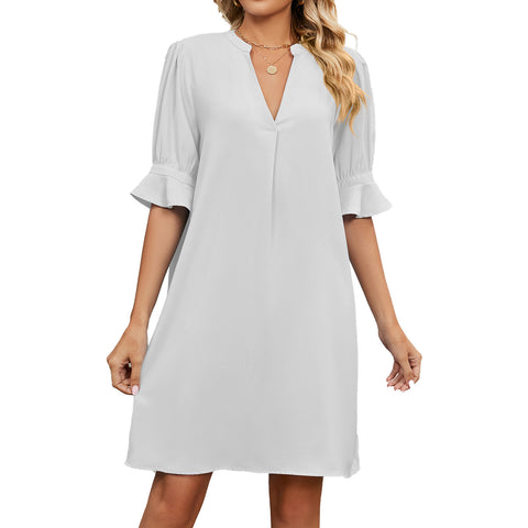 Robe Mi-Longue Plissée à Manches Mi-Longues, Col en V, Couleur Unie, Coupe Ample, Style Européen-Américain pour l'Été