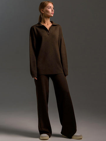 Ensemble deux pièces automne hiver pour femme, simple, ample, de couleur unie, ensemble pull col montant, mode décontractée, ensemble de sport.