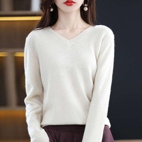 Women's V-neck Loose Pullover Long Sleeve Sweater - Fashionner