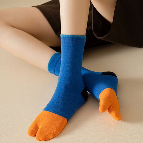 Women's Stitching Summer Thin Fashion Mid-calf Two-toe Socks - Fashionner