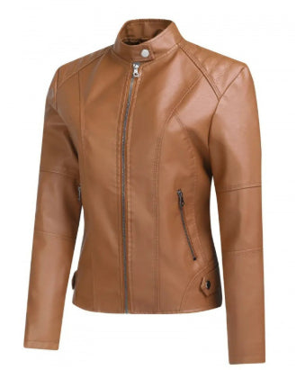 Vestes en cuir zippées pour femmes Mode couleur unie Poches Col montant Vêtements d'extérieur