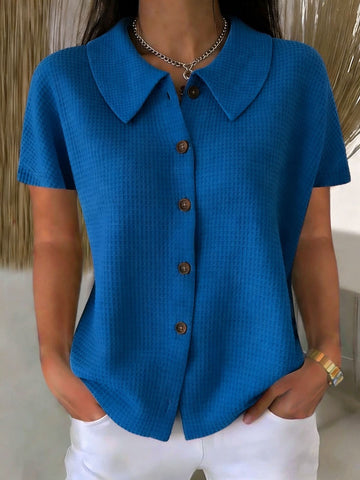 Chemise décontractée ample à manches courtes en tissu gaufré uni avec col rabattu – Haut d'été léger en mélange de coton pour femmes, idéal pour un usage quotidien
