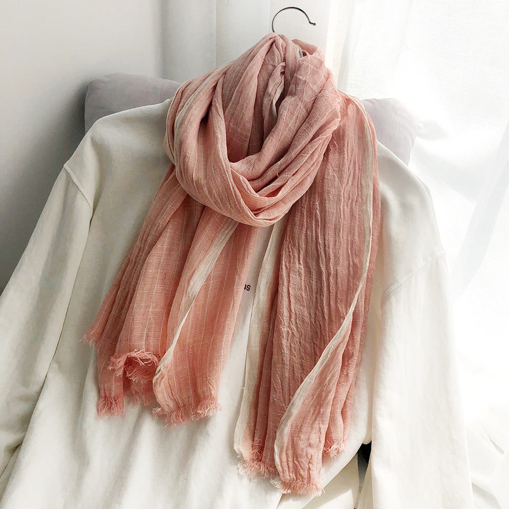 Autumn And Winter Striped Cotton And Linen Pleated Scarf Shawl - Fashionner